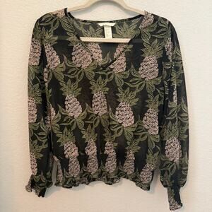 H&M Women’s Sheer Pineapple Print Blouse Black Green Pink Size 4 Long Sleeve